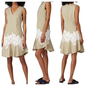 Derek Lam Collective Khaki Lace Dress 4‎ V-Neck A-Line Flare Hem Neutral